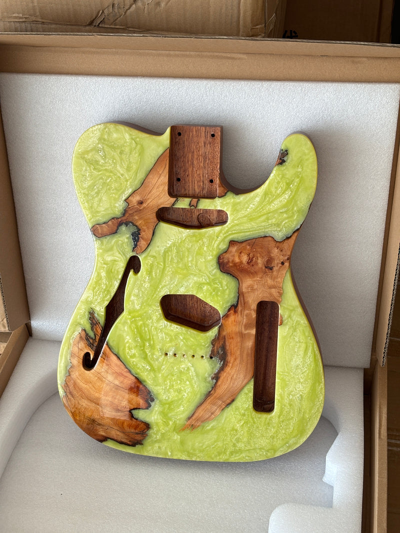 One-of-a-Kind Burl Wood Veneer Epoxy Resin Tele Thinline Style Electric Guitar Body with F-Hole (TRB-003)