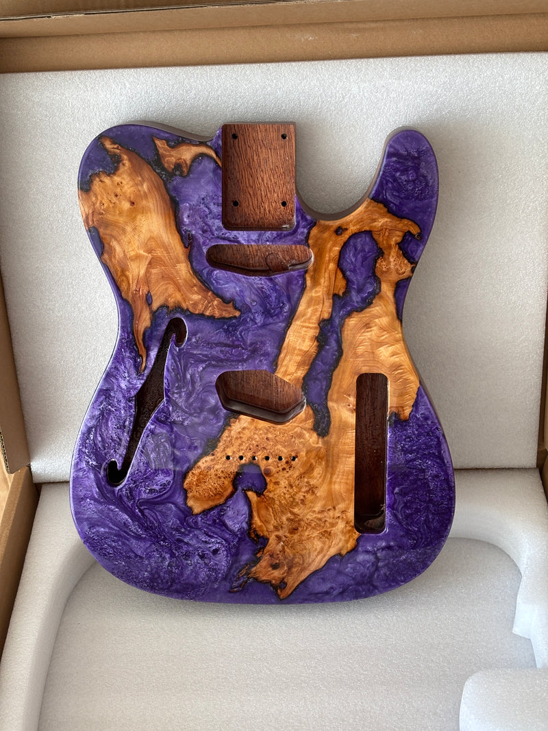 One-of-a-Kind Burl Wood Veneer Epoxy Resin Tele Thinline Style Electric Guitar Body with F-Hole (TRB-004)