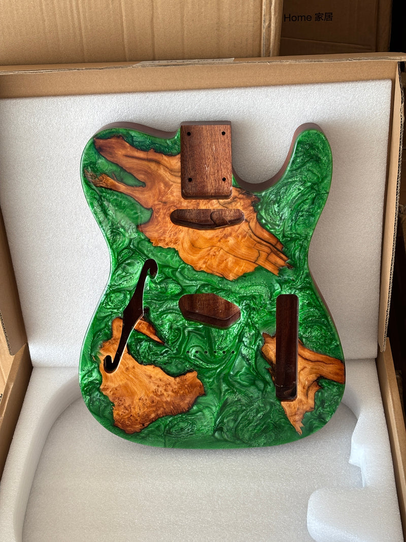 One-of-a-Kind Burl Wood Veneer Epoxy Resin Tele Thinline Style Electric Guitar Body with F-Hole (TRB-005)