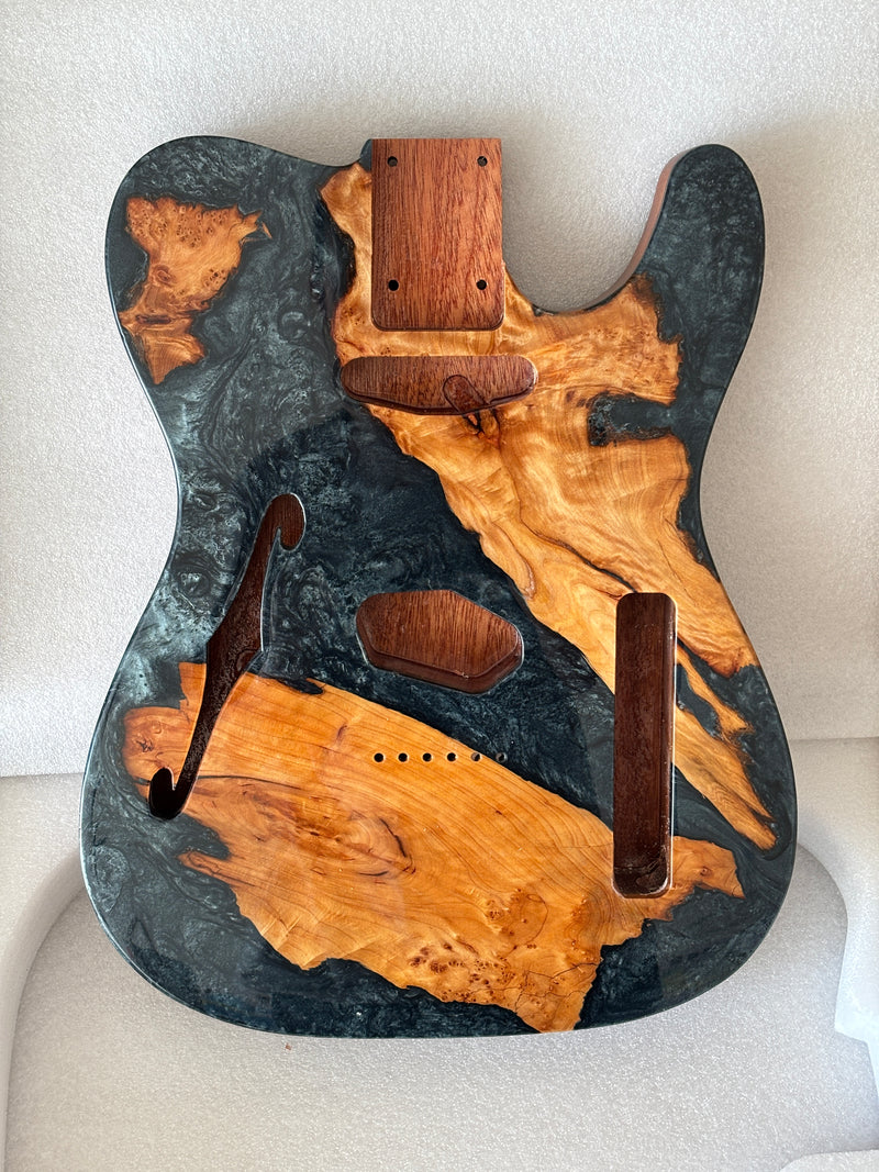 One-of-a-Kind Burl Wood Veneer Epoxy Resin Tele Thinline Style Electric Guitar Body with F-Hole (TRB-006)