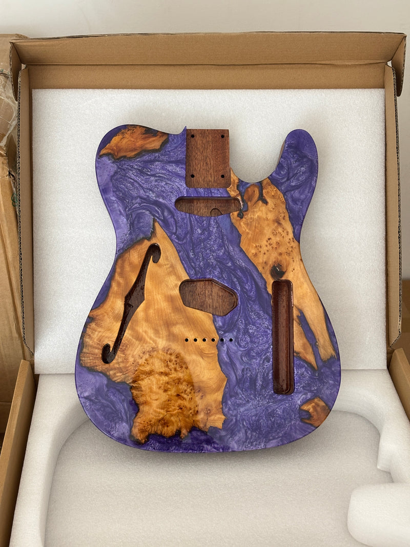 One-of-a-Kind Burl Wood Veneer Epoxy Resin Tele Thinline Style Electric Guitar Body with F-Hole (TRB-007)