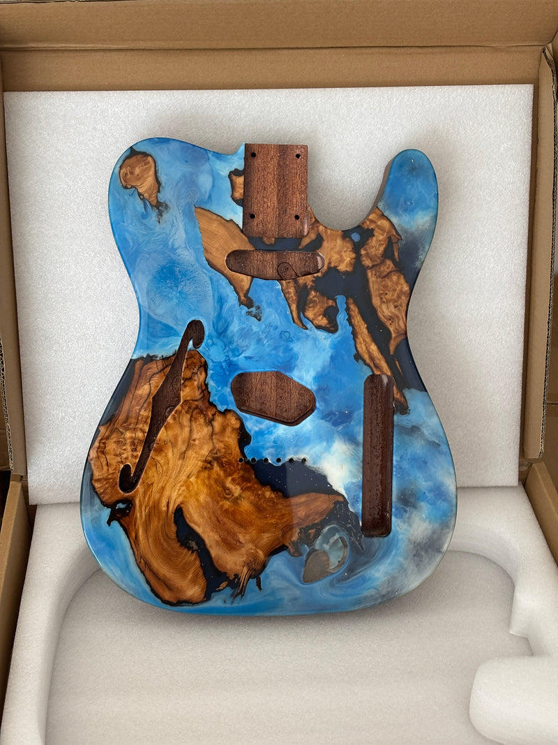 One-of-a-Kind Burl Wood Veneer Epoxy Resin Tele Thinline Style Electric Guitar Body with F-Hole (TRB-008)