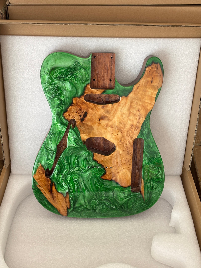 One-of-a-Kind Burl Wood Veneer Epoxy Resin Tele Thinline Style Electric Guitar Body with F-Hole (TRB-009)