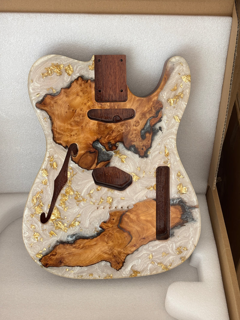 One-of-a-Kind Burl Wood Veneer Epoxy Resin Tele Thinline Style Electric Guitar Body with F-Hole (TRB-010)