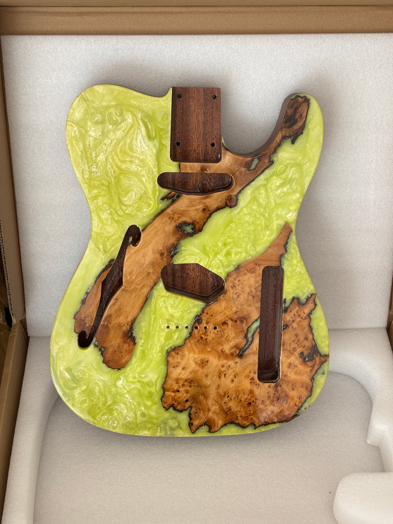 One-of-a-Kind Burl Wood Veneer Epoxy Resin Tele Thinline Style Electric Guitar Body with F-Hole (TRB-011)