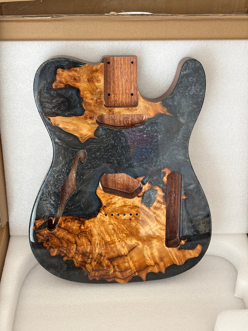 One-of-a-Kind Burl Wood Veneer Epoxy Resin Tele Thinline Style Electric Guitar Body with F-Hole (TRB-012)