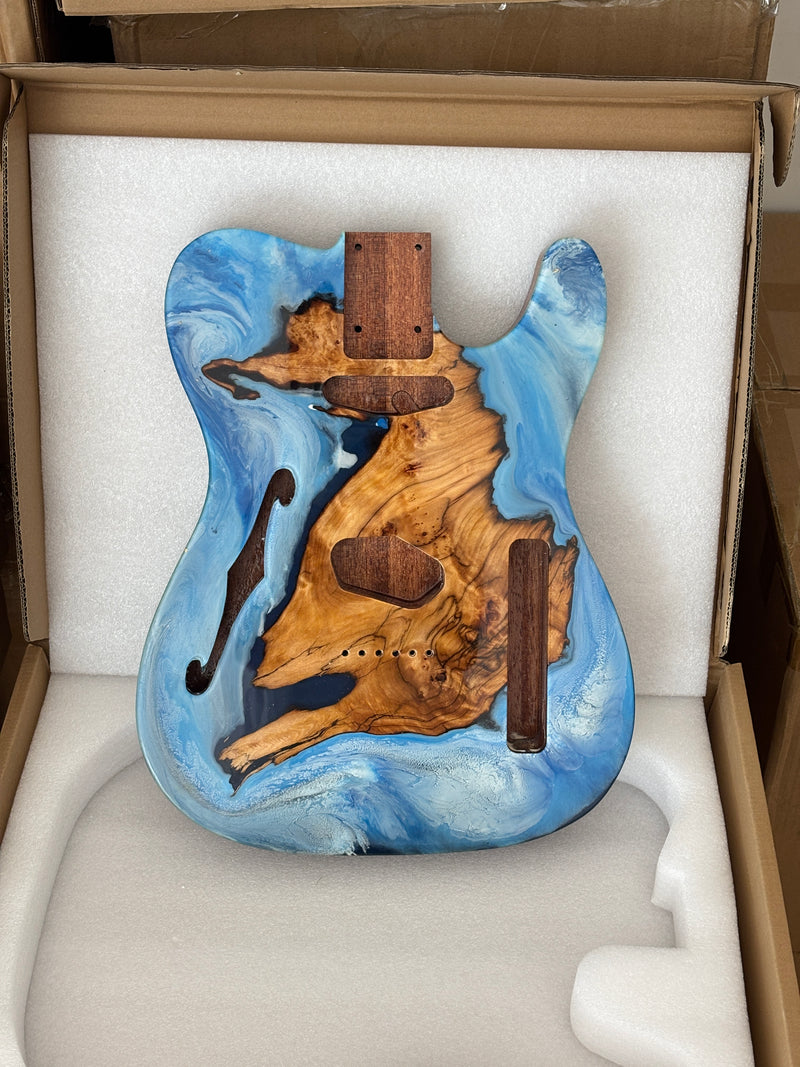 One-of-a-Kind Burl Wood Veneer Epoxy Resin Tele Thinline Style Electric Guitar Body with F-Hole (TRB-013)