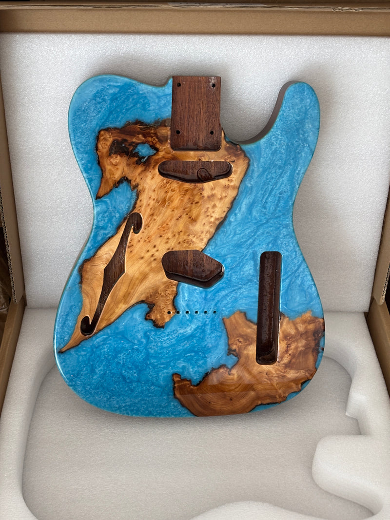 One-of-a-Kind Burl Wood Veneer Epoxy Resin Tele Thinline Style Electric Guitar Body with F-Hole (TRB-014)