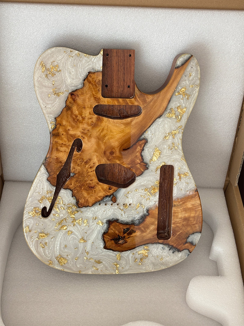 One-of-a-Kind Burl Wood Veneer Epoxy Resin Tele Thinline Style Electric Guitar Body with F-Hole (TRB-015)