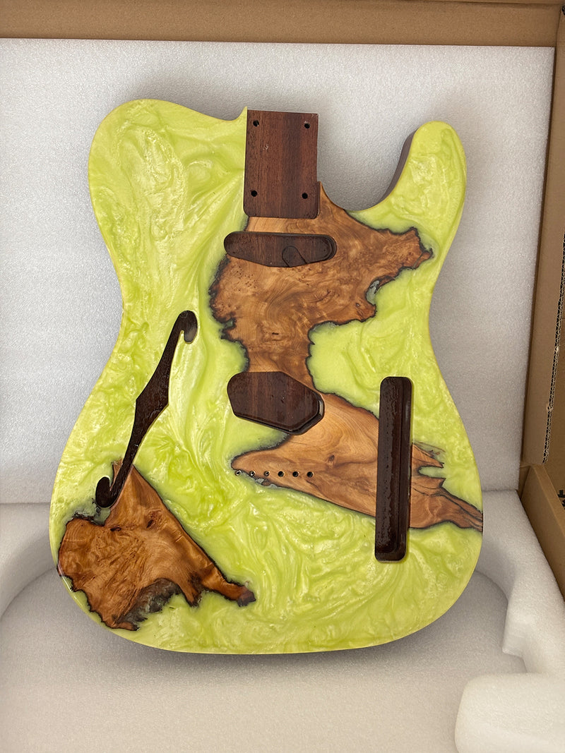 One-of-a-Kind Burl Wood Veneer Epoxy Resin Tele Thinline Style Electric Guitar Body with F-Hole (TRB-016)