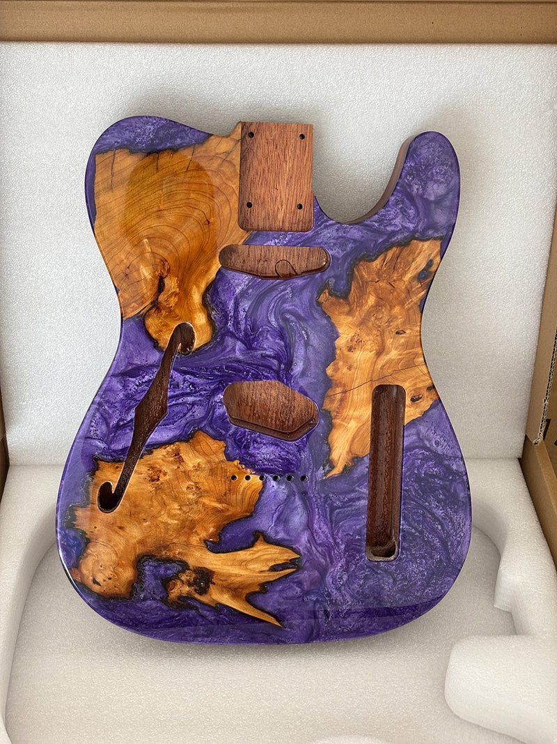 One-of-a-Kind Burl Wood Veneer Epoxy Resin Tele Thinline Style Electric Guitar Body with F-Hole (TRB-017)