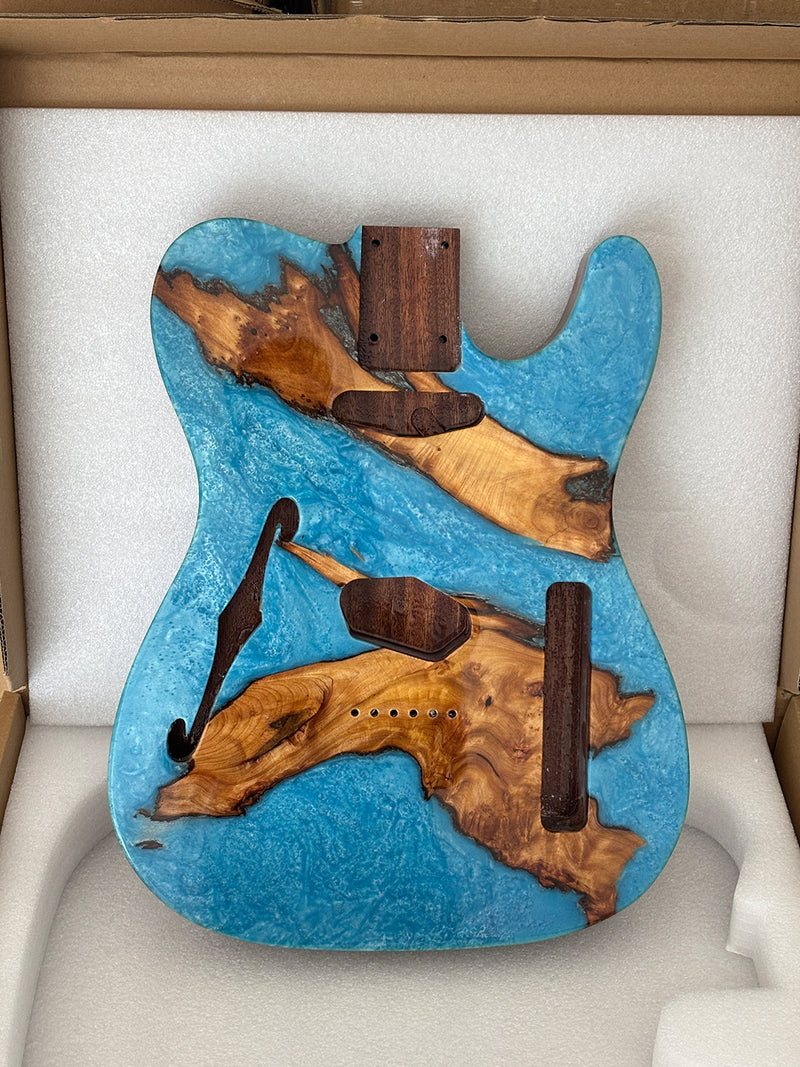 One-of-a-Kind Burl Wood Veneer Epoxy Resin Tele Thinline Style Electric Guitar Body with F-Hole (TRB-018)