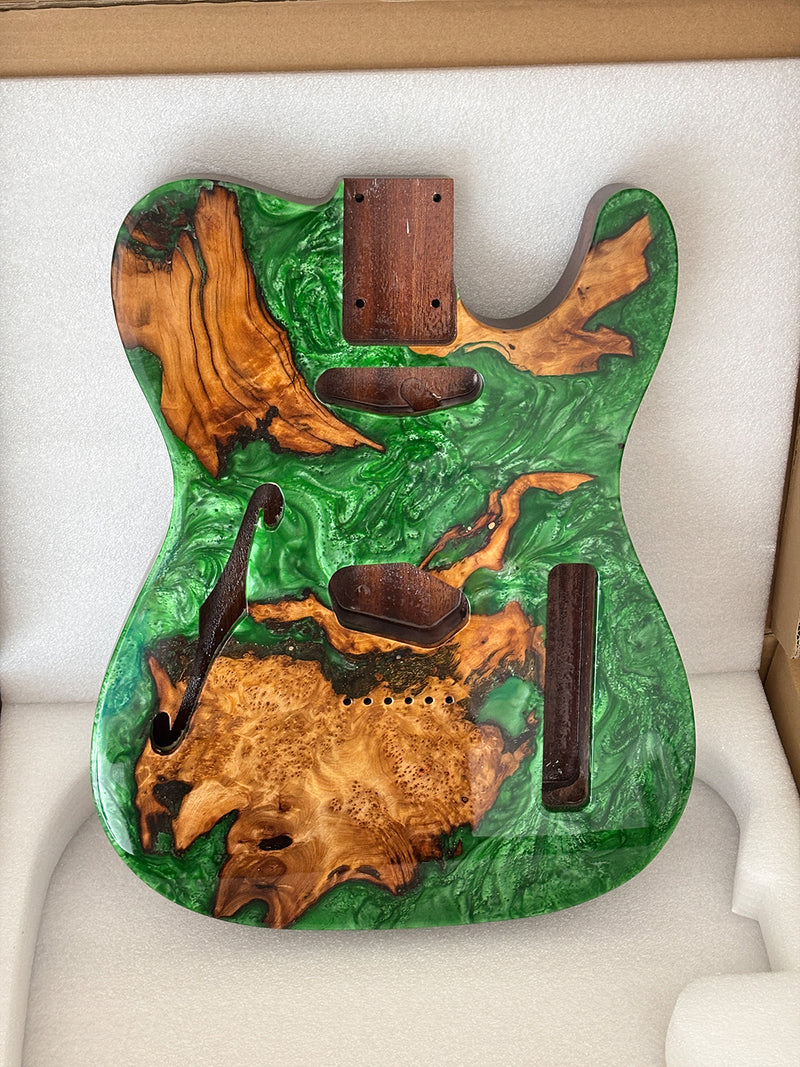 One-of-a-Kind Burl Wood Veneer Epoxy Resin Tele Thinline Style Electric Guitar Body with F-Hole (TRB-019)