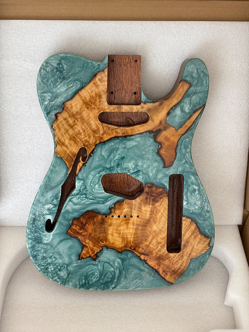 One-of-a-Kind Burl Wood Veneer Epoxy Resin Tele Thinline Style Electric Guitar Body with F-Hole (TRB-020)