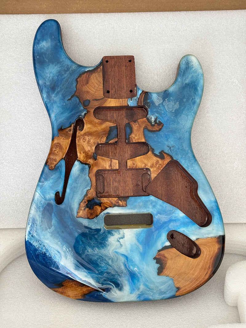 One-of-a-Kind ST Thinline Style Electric Guitar Body with F-hole, Burl Wood & Epoxy Resin Top (SRB-001)