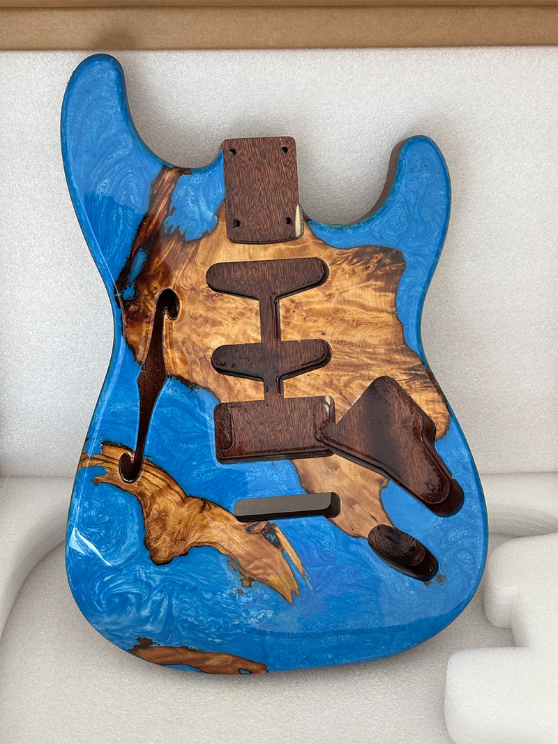 One-of-a-Kind ST Thinline Style Electric Guitar Body with F-hole, Burl Wood & Epoxy Resin Top (SRB-002)