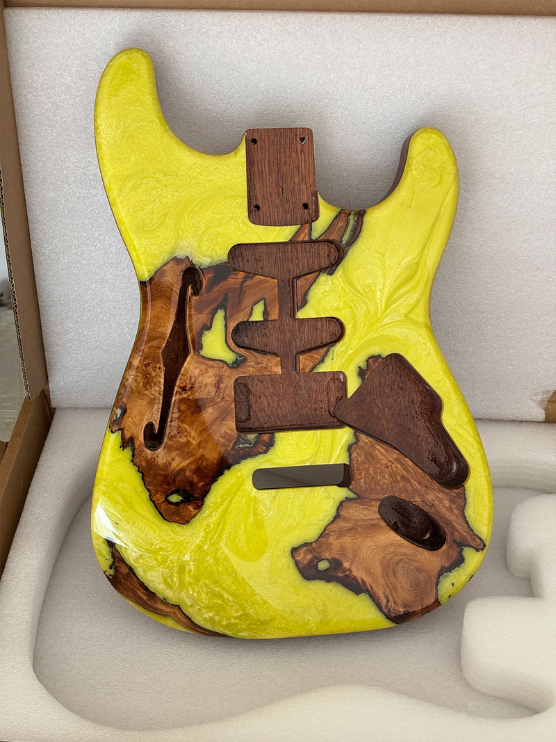 One-of-a-Kind ST Thinline Style Electric Guitar Body with F-hole, Burl Wood & Epoxy Resin Top (SRB-003)
