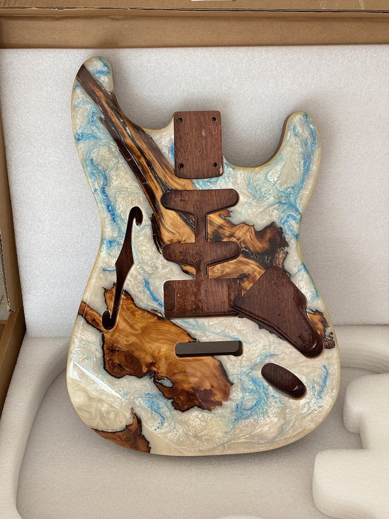 One-of-a-Kind ST Thinline Style Electric Guitar Body with F-hole, Burl Wood & Epoxy Resin Top (SRB-004)