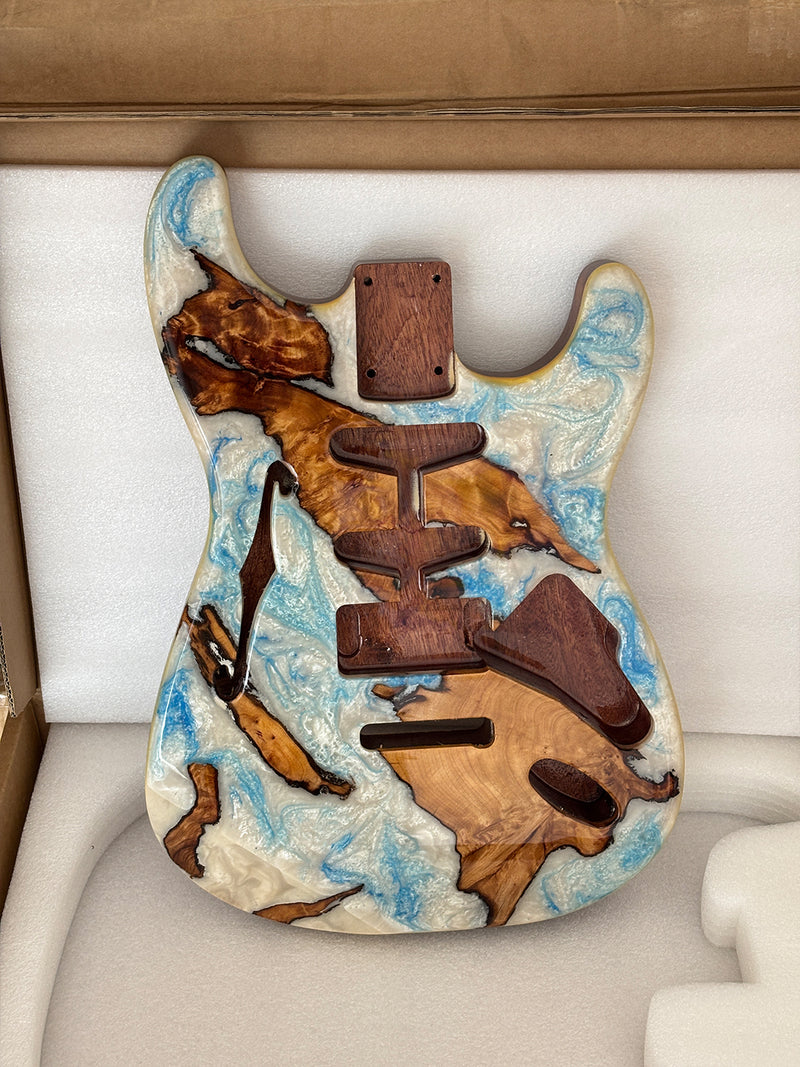 One-of-a-Kind ST Thinline Style Electric Guitar Body with F-hole, Burl Wood & Epoxy Resin Top (SRB-005)
