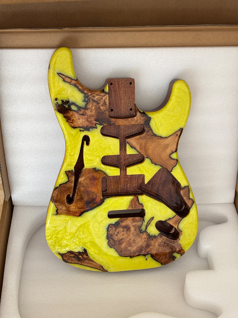 One-of-a-Kind ST Thinline Style Electric Guitar Body with F-hole, Burl Wood & Epoxy Resin Top (SRB-006)