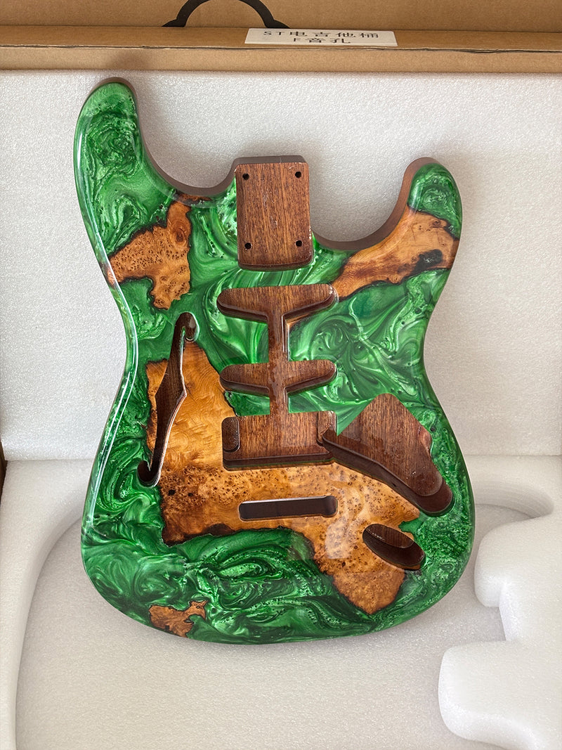 One-of-a-Kind ST Thinline Style Electric Guitar Body with F-hole, Burl Wood & Epoxy Resin Top (SRB-007)