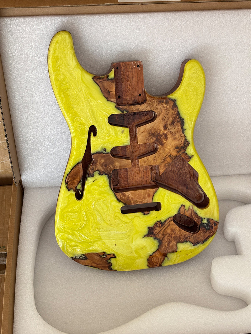 One-of-a-Kind ST Thinline Style Electric Guitar Body with F-hole, Burl Wood & Epoxy Resin Top (SRB-008)