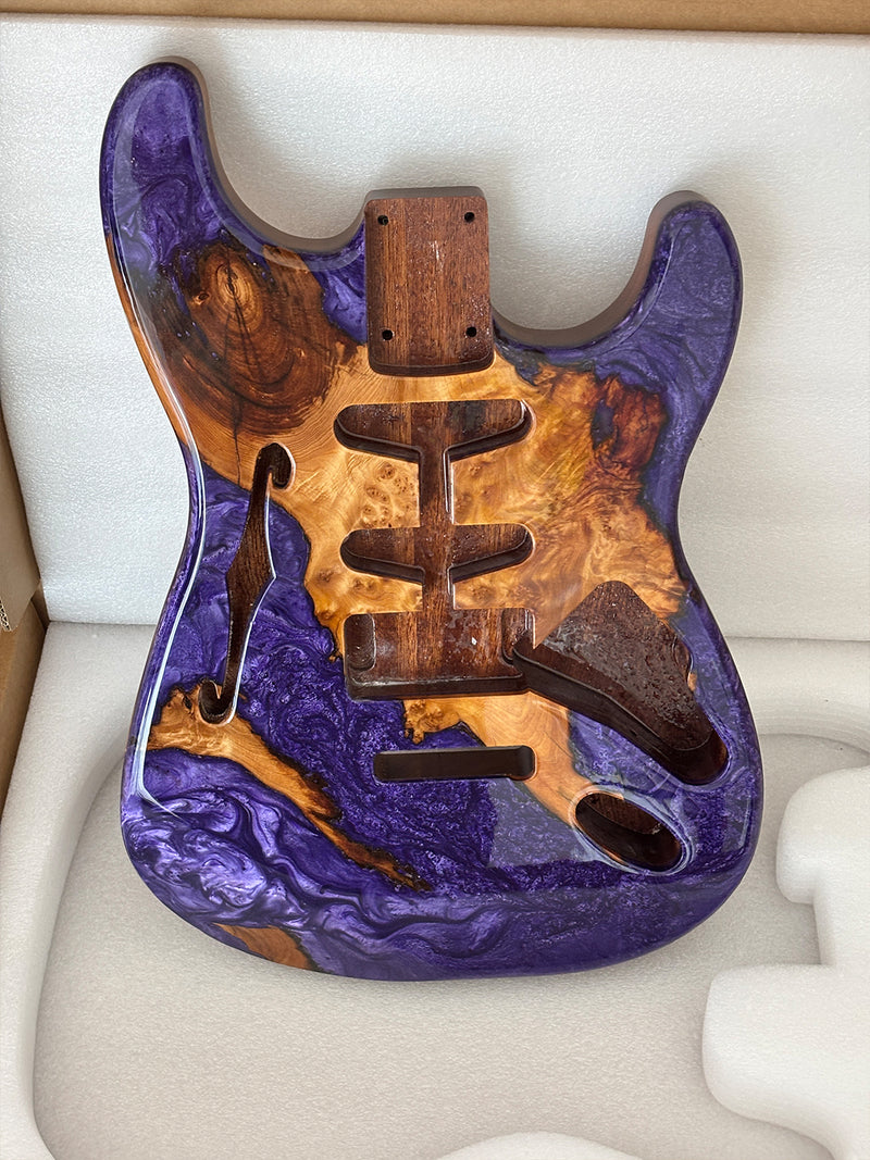 One-of-a-Kind ST Thinline Style Electric Guitar Body with F-hole, Burl Wood & Epoxy Resin Top (SRB-009)
