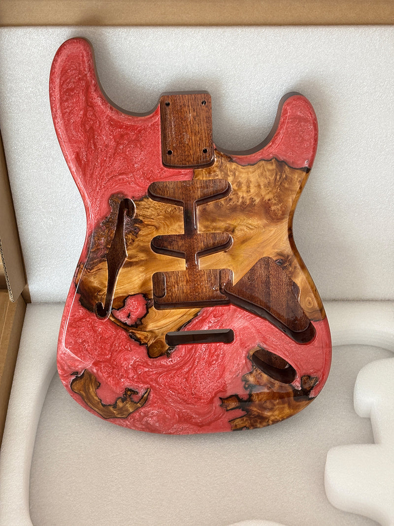 One-of-a-Kind ST Thinline Style Electric Guitar Body with F-hole, Burl Wood & Epoxy Resin Top (SRB-010)