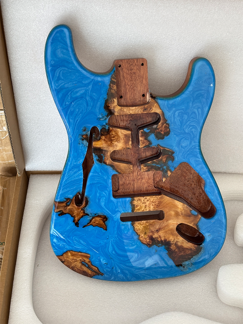 One-of-a-Kind ST Thinline Style Electric Guitar Body with F-hole, Burl Wood & Epoxy Resin Top (SRB-011)
