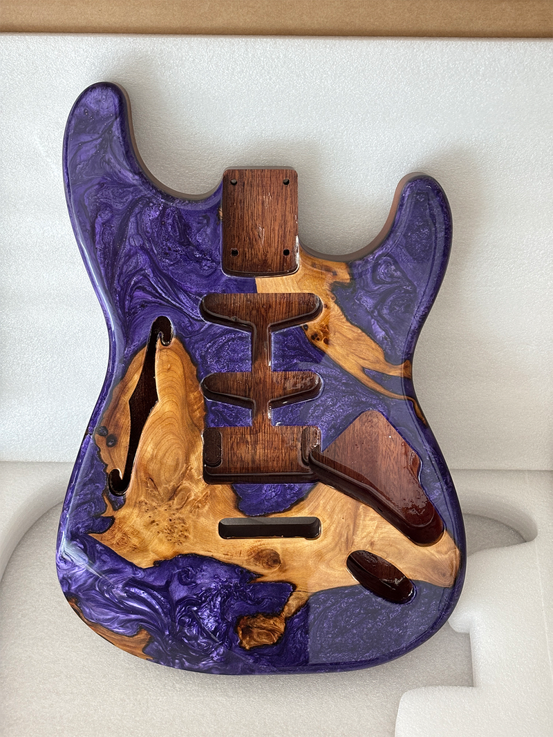 One-of-a-Kind ST Thinline Style Electric Guitar Body with F-hole, Burl Wood & Epoxy Resin Top (SRB-012)