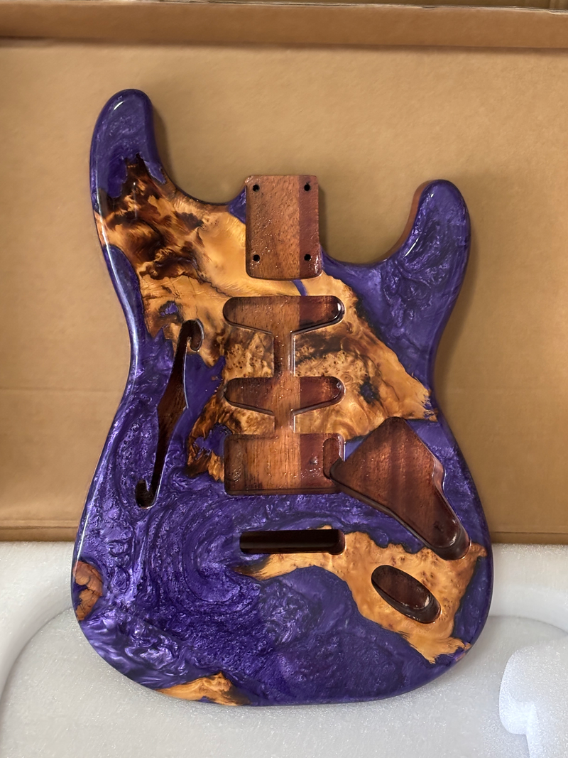 One-of-a-Kind ST Thinline Style Electric Guitar Body with F-hole, Burl Wood & Epoxy Resin Top (SRB-013)