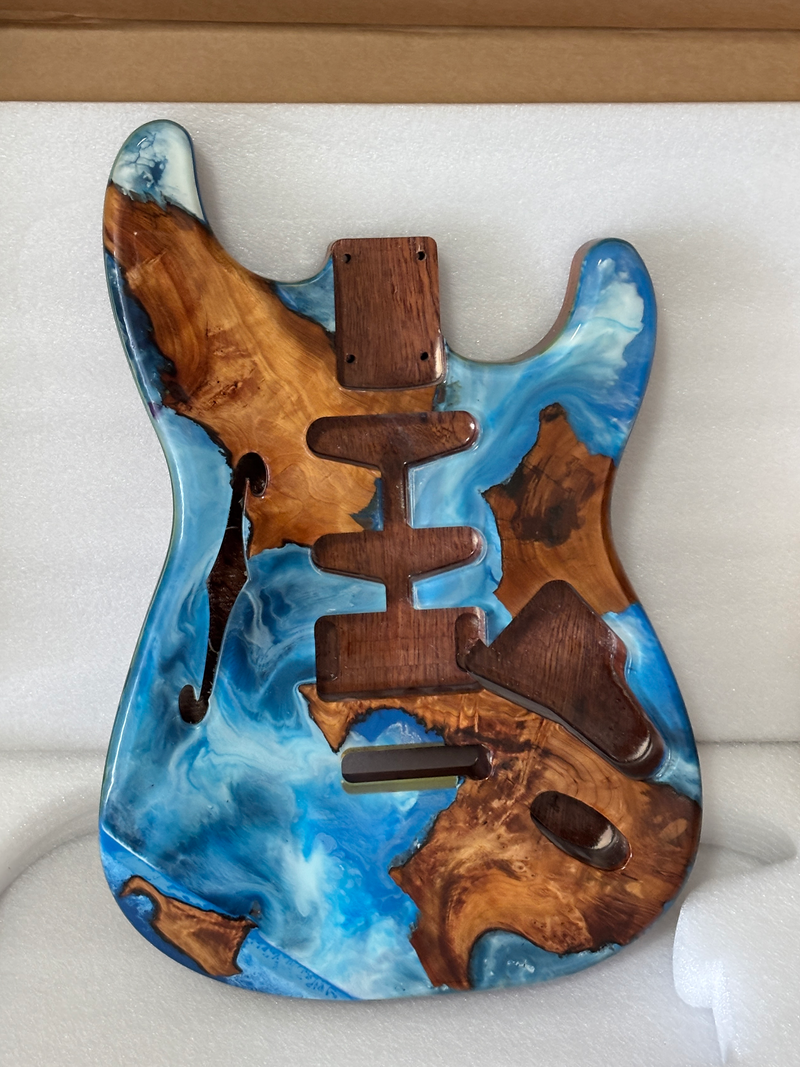 One-of-a-Kind ST Thinline Style Electric Guitar Body with F-hole, Burl Wood & Epoxy Resin Top (SRB-014)
