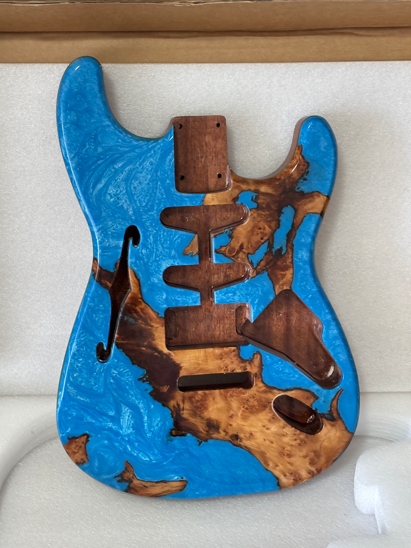 One-of-a-Kind ST Thinline Style Electric Guitar Body with F-hole, Burl Wood & Epoxy Resin Top (SRB-015)