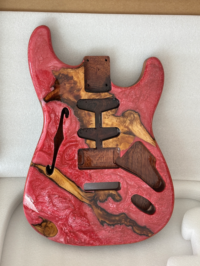 One-of-a-Kind ST Thinline Style Electric Guitar Body with F-hole, Burl Wood & Epoxy Resin Top (SRB-016)