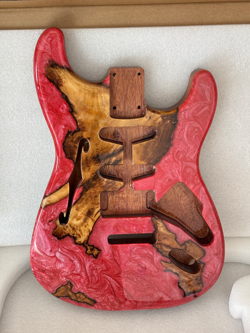 One-of-a-Kind ST Thinline Style Electric Guitar Body with F-hole, Burl Wood & Epoxy Resin Top (SRB-017)