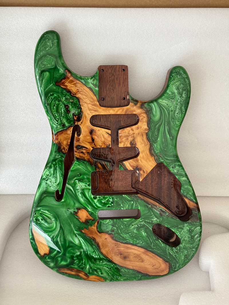 One-of-a-Kind ST Thinline Style Electric Guitar Body with F-hole, Burl Wood & Epoxy Resin Top (SRB-018)
