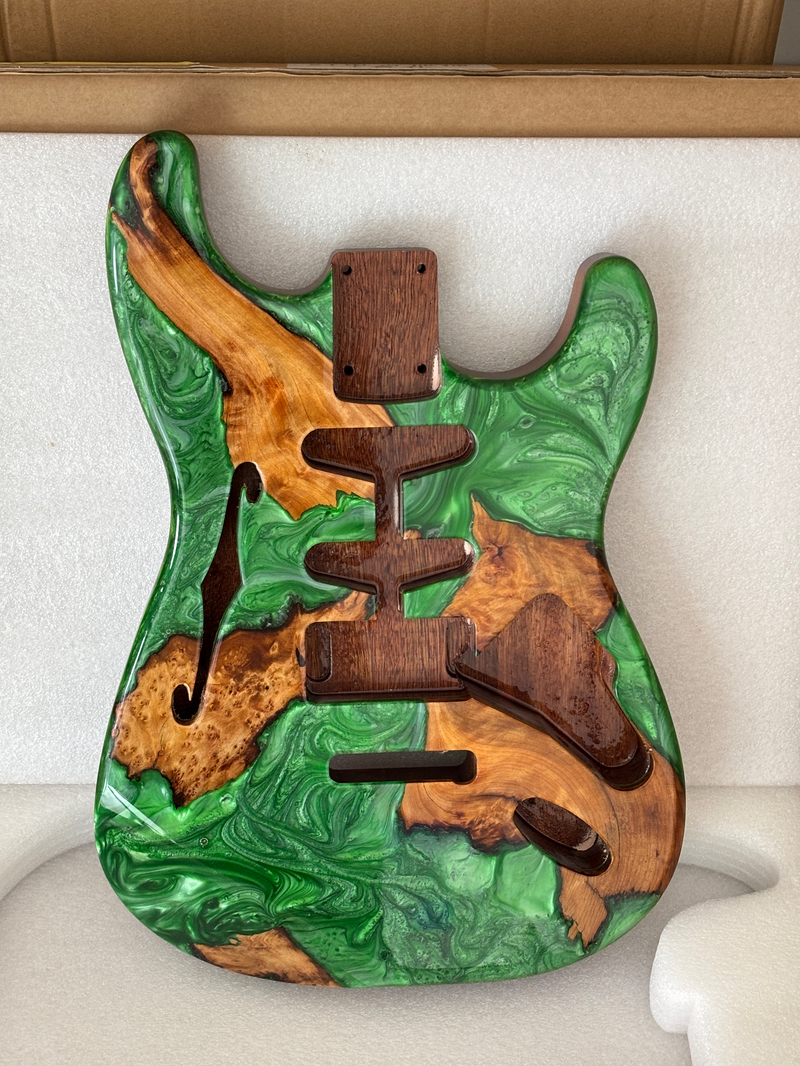 One-of-a-Kind ST Thinline Style Electric Guitar Body with F-hole, Burl Wood & Epoxy Resin Top (SRB-019)