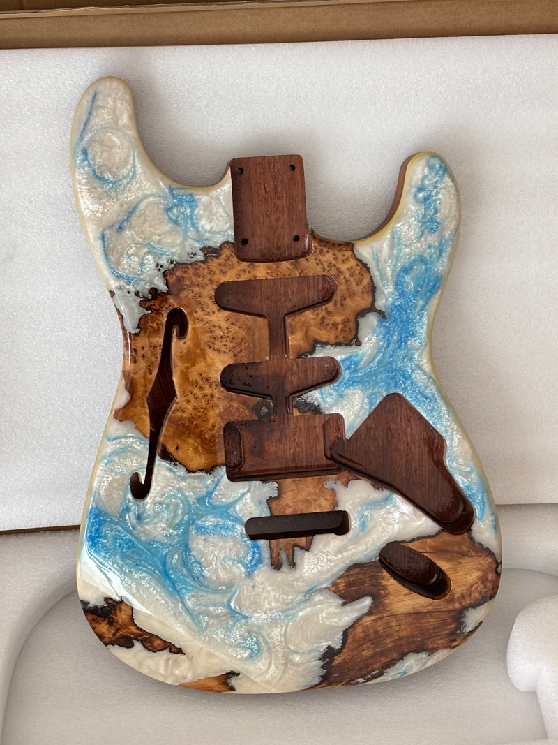 One-of-a-Kind ST Thinline Style Electric Guitar Body with F-hole, Burl Wood & Epoxy Resin Top (SRB-020)