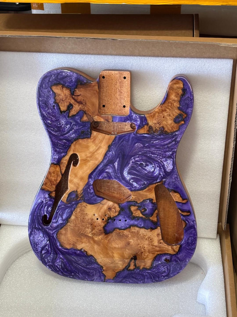 One-of-a-Kind Tele Thinline Style Pickguard-Ready Electric Guitar Body with EpoxyBurl Top & F-Hole (TRP-001)