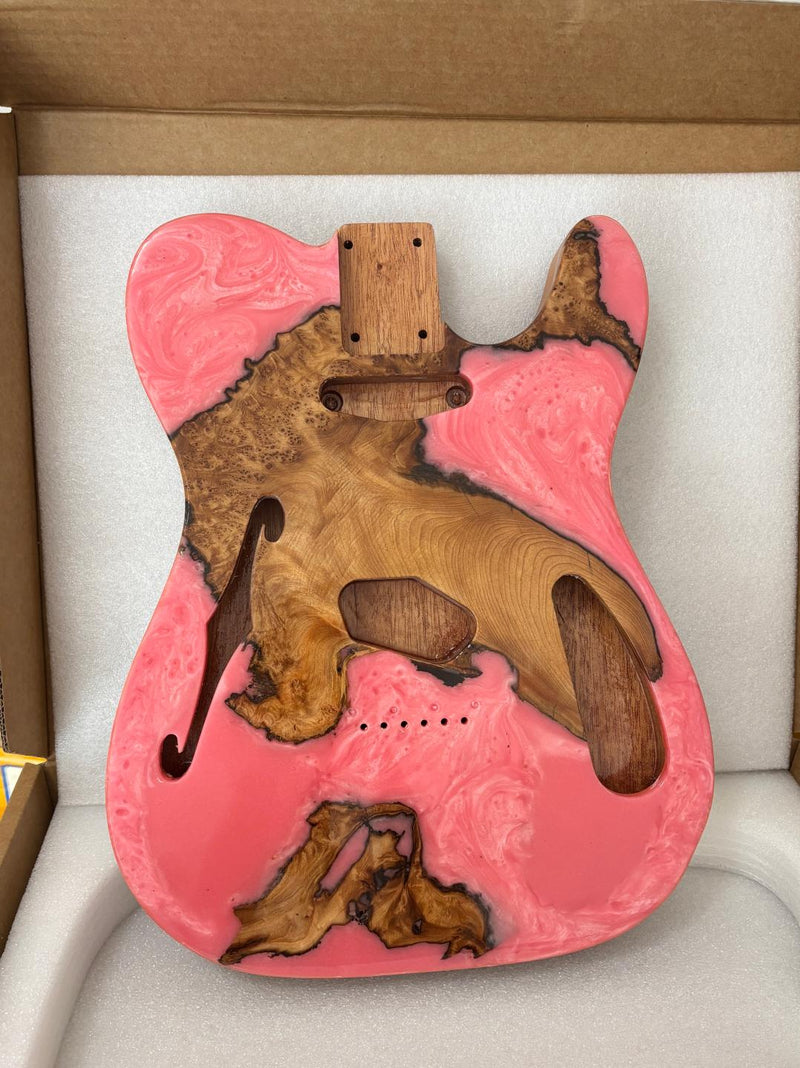 One-of-a-Kind Tele Thinline Style Pickguard-Ready Electric Guitar Body with EpoxyBurl Top & F-Hole (TRP-002)