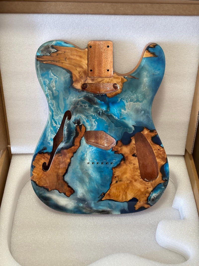 One-of-a-Kind Tele Thinline Style Pickguard-Ready Electric Guitar Body with EpoxyBurl Top & F-Hole (TRP-003)