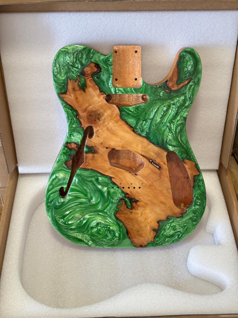 One-of-a-Kind Tele Thinline Style Pickguard-Ready Electric Guitar Body with EpoxyBurl Top & F-Hole (TRP-004)