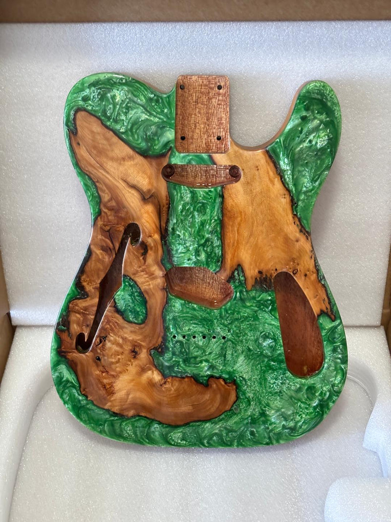 One-of-a-Kind Tele Thinline Style Pickguard-Ready Electric Guitar Body with EpoxyBurl Top & F-Hole (TRP-005)