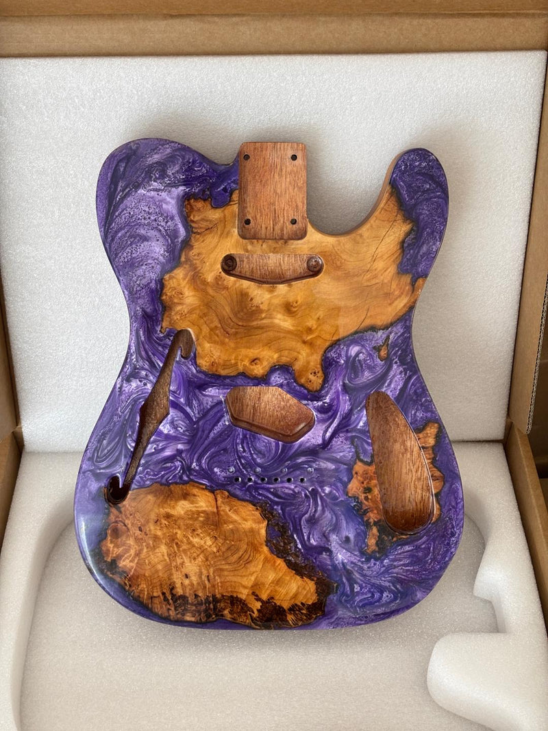 One-of-a-Kind Tele Thinline Style Pickguard-Ready Electric Guitar Body with EpoxyBurl Top & F-Hole (TRP-006)