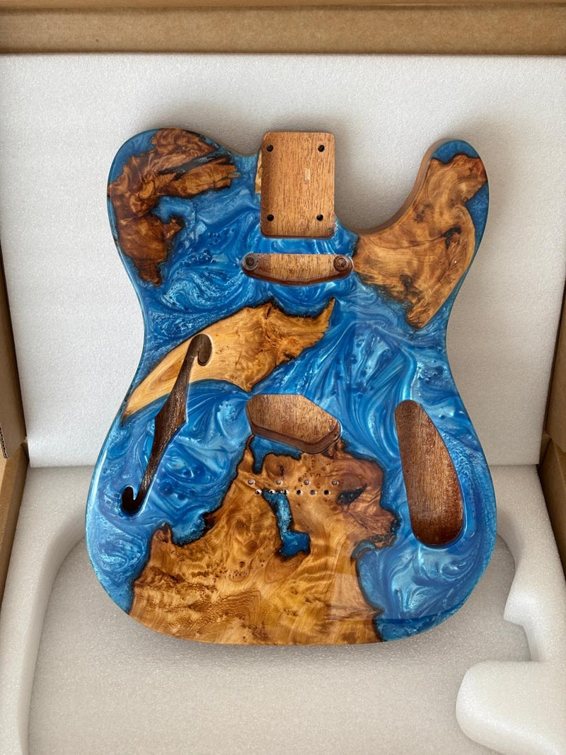 One-of-a-Kind Tele Thinline Style Pickguard-Ready Electric Guitar Body with EpoxyBurl Top & F-Hole (TRP-007)
