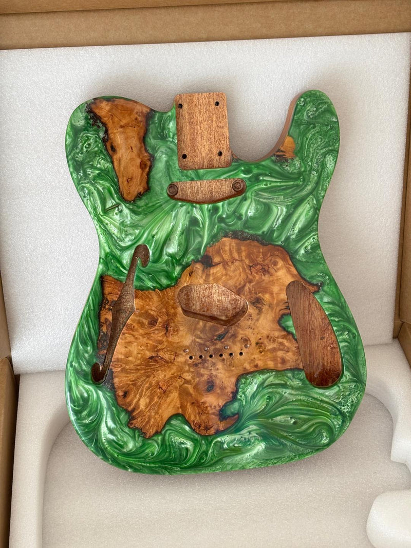 One-of-a-Kind Tele Thinline Style Pickguard-Ready Electric Guitar Body with EpoxyBurl Top & F-Hole (TRP-008)