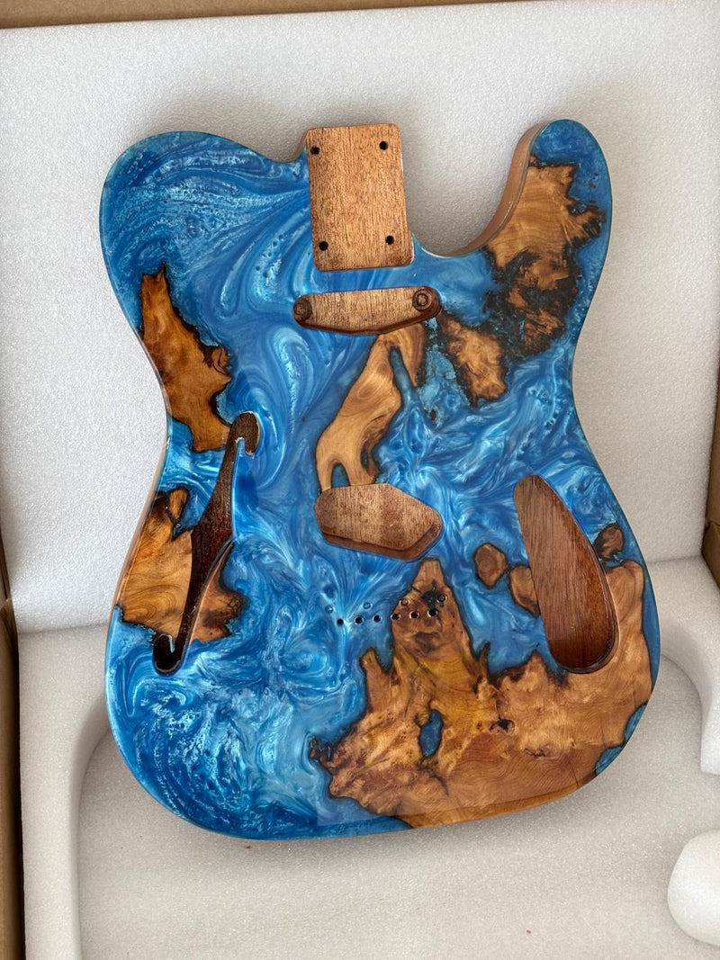 One-of-a-Kind Tele Thinline Style Pickguard-Ready Electric Guitar Body with EpoxyBurl Top & F-Hole (TRP-009)