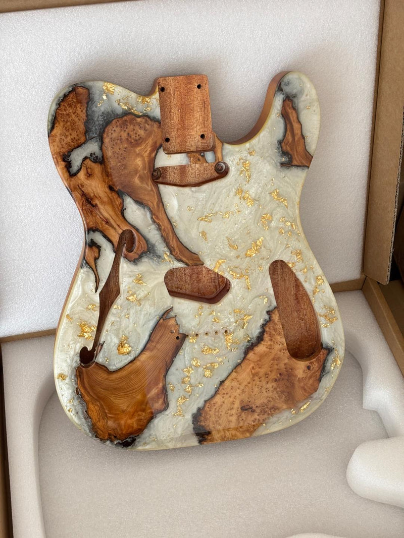 One-of-a-Kind Tele Thinline Style Pickguard-Ready Electric Guitar Body with EpoxyBurl Top & F-Hole (TRP-010)