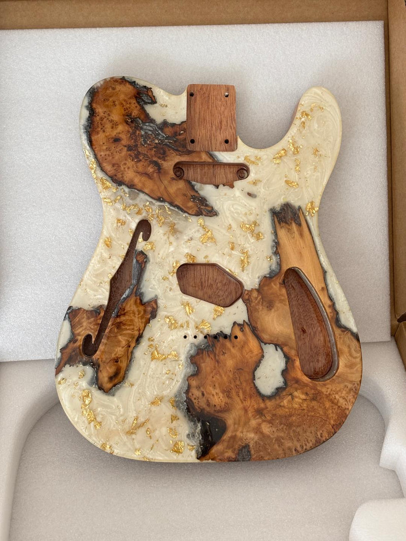 One-of-a-Kind Tele Thinline Style Pickguard-Ready Electric Guitar Body with EpoxyBurl Top & F-Hole (TRP-011)