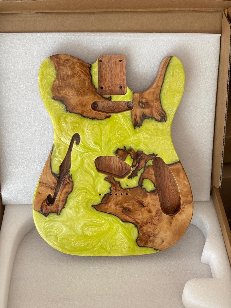 One-of-a-Kind Tele Thinline Style Pickguard-Ready Electric Guitar Body with EpoxyBurl Top & F-Hole (TRP-012)